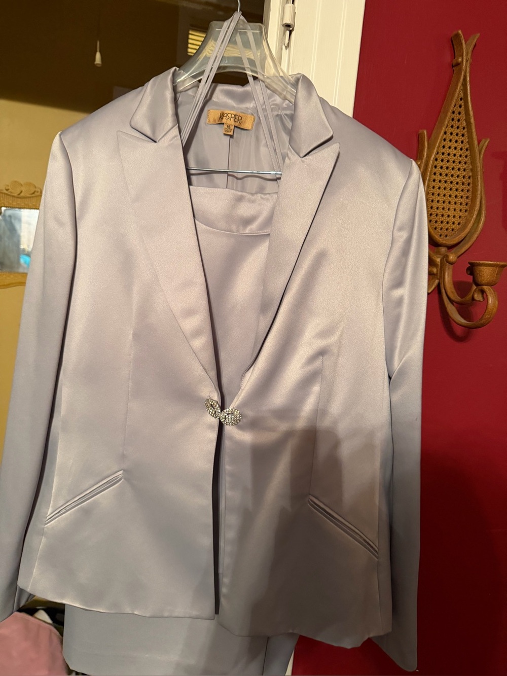 Kasper Light Silver Satin Blazer with Crystal Closure